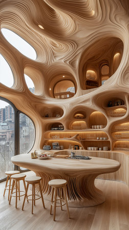 Interior of a modern coffee shop with wooden walls. 3d renderingの素材