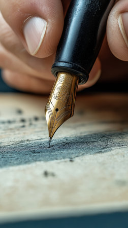 Close-up of a hand writing with a fountain pen on a wooden tableの素材