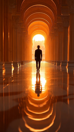 Silhouette of a man standing in the middle of a corridorの素材