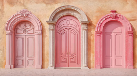 3d rendering of a pink door in an old building with columnsの素材