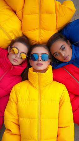 Three beautiful young women in yellow down jackets and sunglasses lying on the sunbedの素材