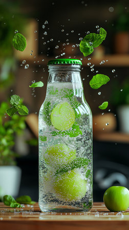 Mojito with fresh mint leaves in glass bottle, closeupの素材