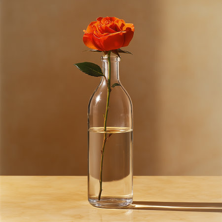 red rose in a glass vase on a wooden table on a brown backgroundの素材