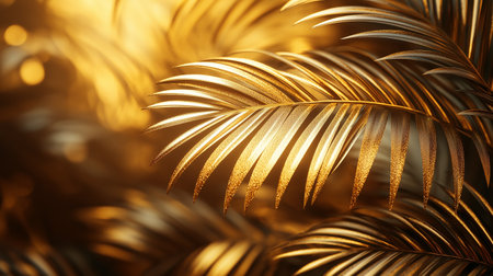 Gold tropical palm leaves background. 3d render illustration with bokehの素材