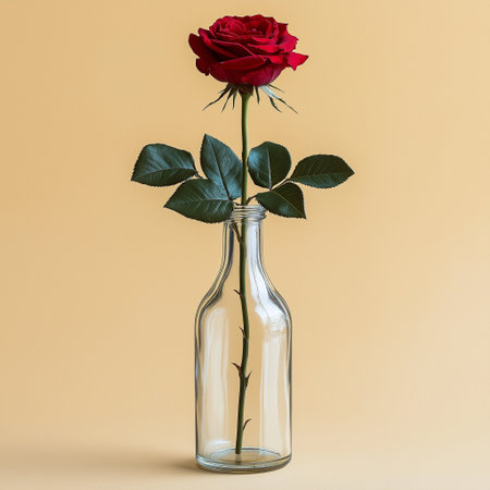 Red rose in a glass vase on a beige background.の素材