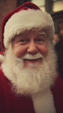 Portrait of happy Santa Claus in red coat and white beard looking at cameraの素材