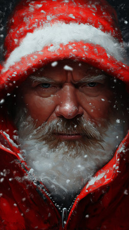 Portrait of a man with a beard and mustache in a red coat with a cap of Santa Clausの素材