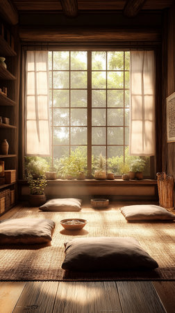 Interior of a Japanese style living room with a large window and a wooden benchの素材