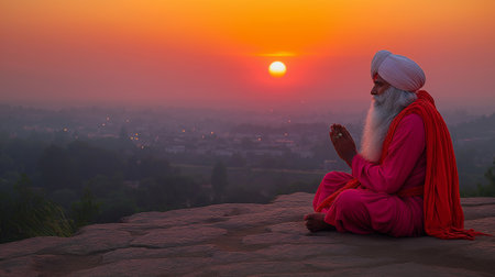 Indian Sikh man in traditional clothes prays on the top of a mountain during sunsetの素材