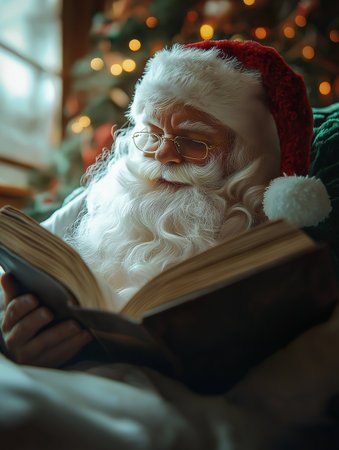 Portrait of Santa Claus reading book at home. Christmas concept.の素材