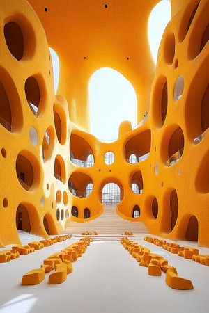 3D render of an orange tunnel with stairs in a modern buildingの素材