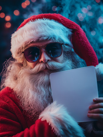 Portrait of Santa Claus holding blank sheet of paper. Christmas concept.の素材