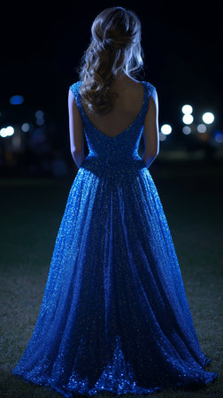 Beautiful young woman in blue evening dress on the street at nightの素材
