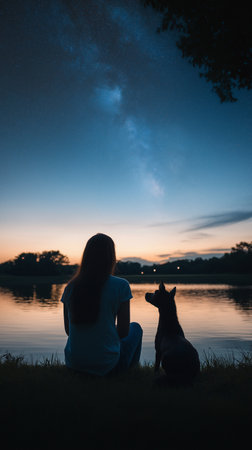 Silhouette of a girl and her dog on the bank of a lake at sunsetの素材