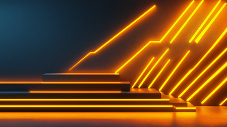 3d render, abstract background with neon lights, podium, stairsの素材
