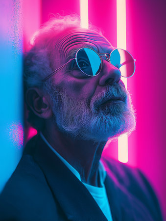 Portrait of senior man with sunglasses on a pink background with neon lights.の素材