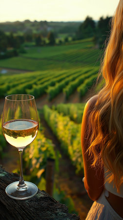 Young woman with glass of white wine in vineyard at sunset, rear viewの素材