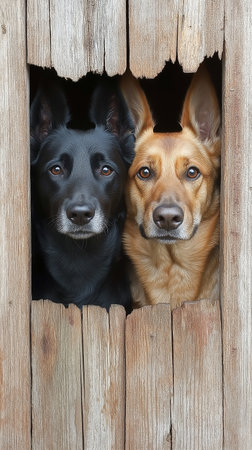 Three dogs looking out of a wooden wall in a kennelの素材