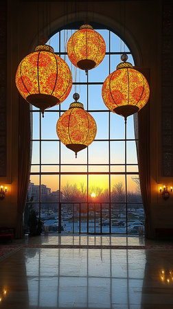 Lanterns in the interior of the mosque at sunset.の素材