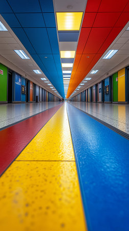 Interior of a modern office building with yellow and red colored corridorの素材