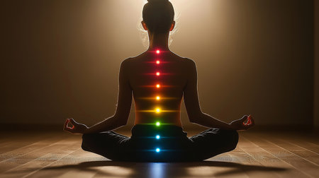 Young woman practicing yoga in lotus position with rainbow colored energy beamの素材