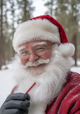 Portrait of a smiling Santa Claus in the winter forest. Christmas.の素材
