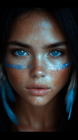 Close-up portrait of beautiful young woman with blue make-upの素材