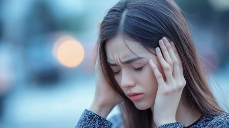 Portrait of a beautiful asian women with headache, migraine.の素材