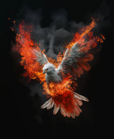 3d rendering of an eagle flying in the air surrounded by flamesの素材