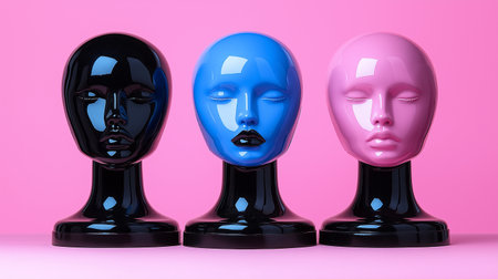 Group of black and blue plastic mannequins on pink backgroundの素材