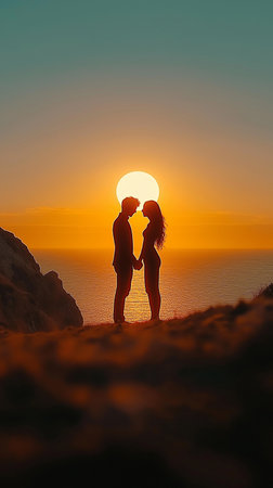 silhouette of a loving couple on the background of the setting sunの素材