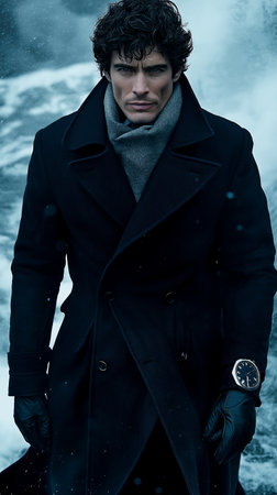 Portrait of a handsome young man in a coat and gloves.の素材