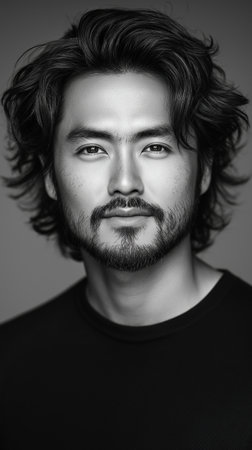 Black and white portrait of a handsome young man with beard and mustacheの素材
