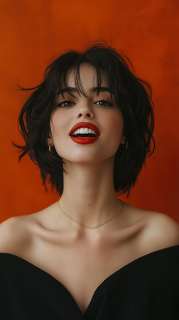 Portrait of a beautiful young brunette woman with red lipstick on her lipsの素材