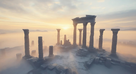 Temple of Poseidon in the morning fog. 3d renderの素材