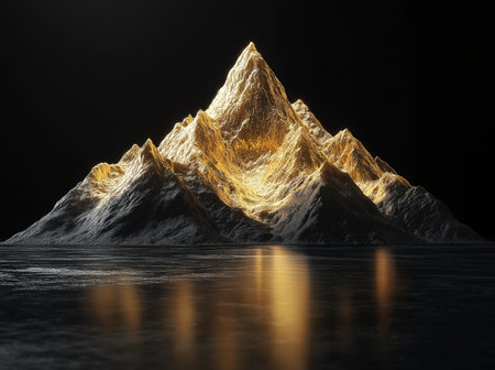 3d illustration of a mountain with reflection on the water surface.の素材