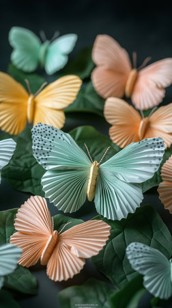 Butterfly origami made of paper on a green leaf.の素材