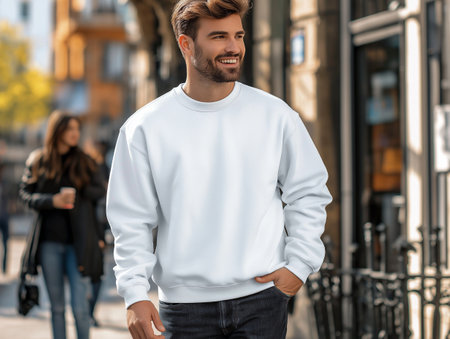 handsome young man in white sweatshirt smiling at camera while walking in cityの素材