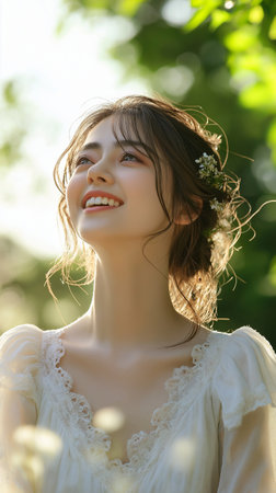 portrait of a beautiful young asian woman in white dress on natureの素材