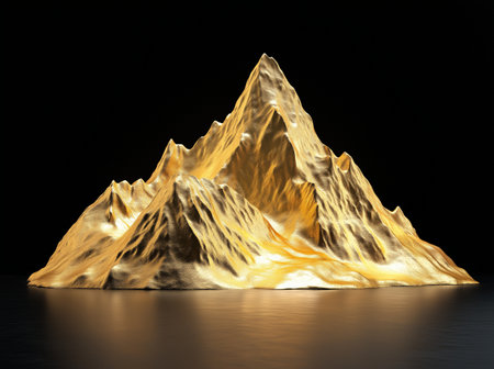 3d render of a golden mountain on a black background with reflectionの素材