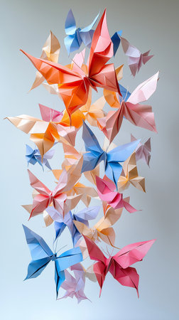 Origami paper butterfly in the form of a rainbow on a gray backgroundの素材