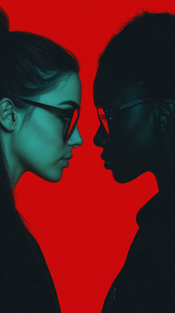 Silhouette of a man and a woman on a red backgroundの素材