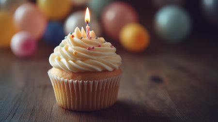 Birthday cupcake with candle and colorful easter eggs on wooden backgroundの素材