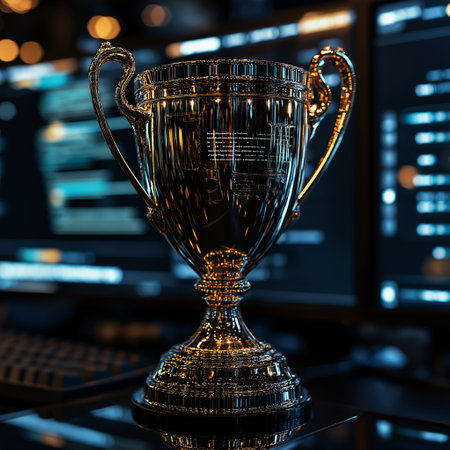 Golden trophy cup on the background of the monitor of the computer.の素材
