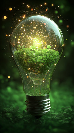 Glowing lightbulb with green plant inside, environmental conservation conceptの素材