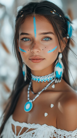 Portrait of a beautiful young woman in a white dress with a blue pattern.の素材