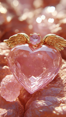 Heart shaped pendant with gold angel wings on a pink background.の素材