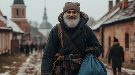 Elderly man with a gray beard in a hat and with a backpack walks through the old town.の素材