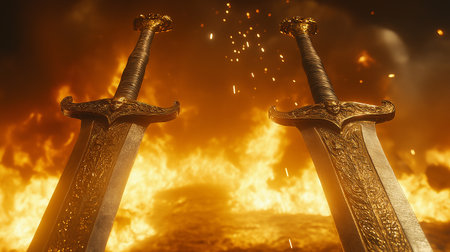 two swords in the fire on a dark background, close-upの素材