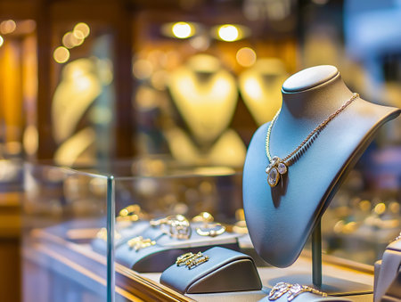 Jewelry store window display with necklace and earrings on displayの素材